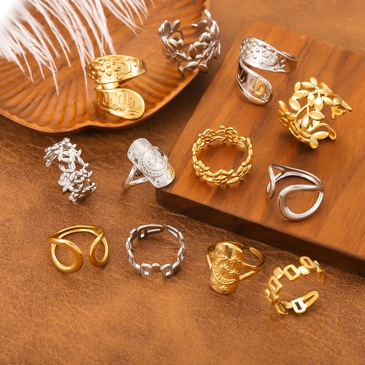 Stainless Steel Adjustable Open Rings Star Moon Leaf Geometric Embossed Bohemian Retro Fashion Jewelry For Women