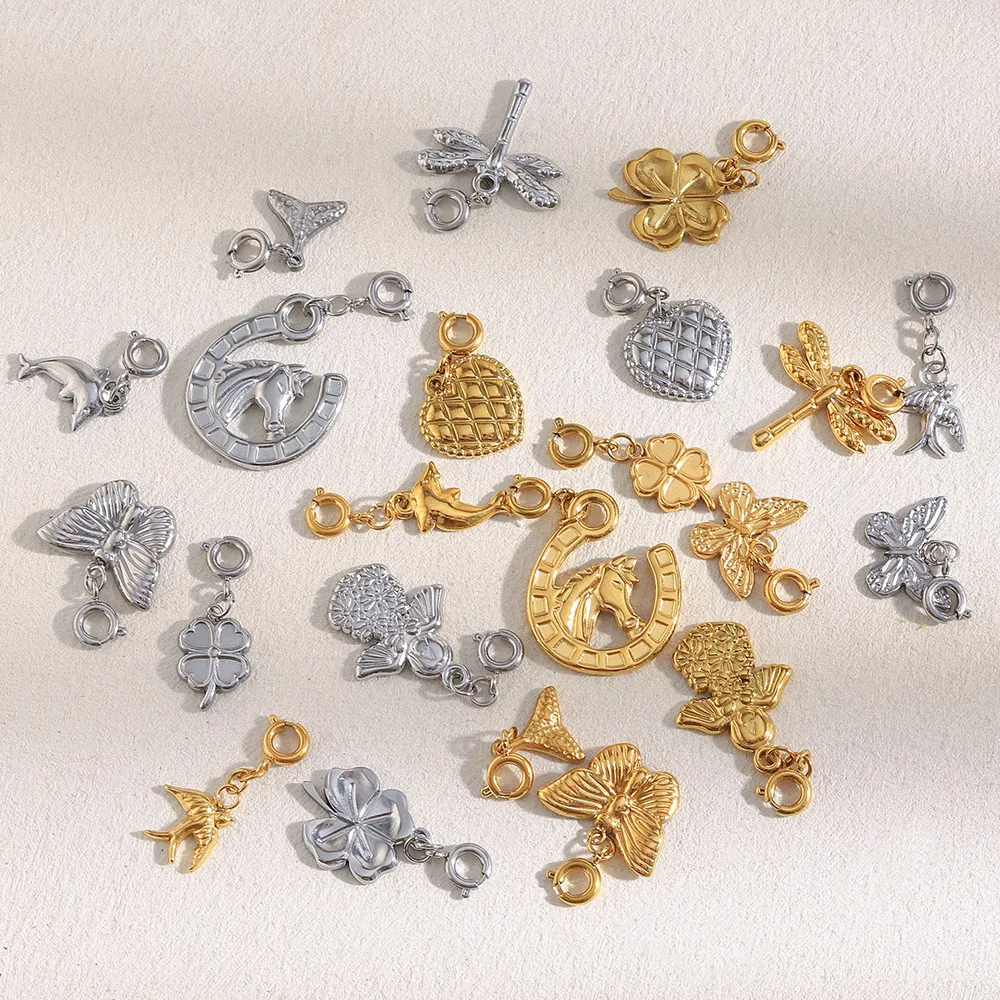 Stainless Steel Animal Charms Pendants Spring Clasp DIY Jewelry Making Butterfly Dragonfly Swallow Dolphin Heart 18K Gold