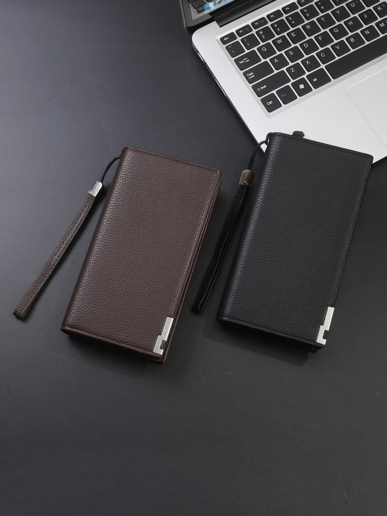 Men's Long Wallet PU Leather Litchi Pattern Zipper Business Clutch Purse With Wrist Strap Multi Card Slots