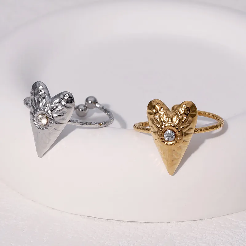 Herz Ring Edelstahl Zirkon Hammerschlag Textur Vintage Offen Verstellbar Fingerschmuck Für Damen