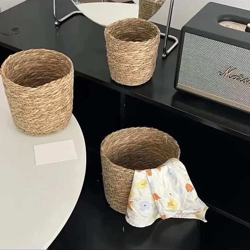 Cesta De Almacenamiento De Paja Tejida A Mano Cubierta De Maceta De Pasto Marino Natural Organizador De Escritorio