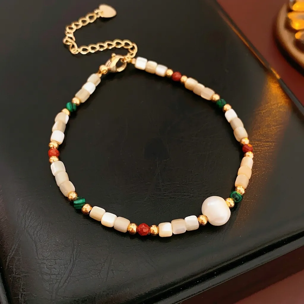 Bracelet Perlé Vintage Avec Künstliche Perles De Coquillage Künstliche Perle D'eau Douce Cuivre Plaqué Or Véritable Pierre Colorée Femmes