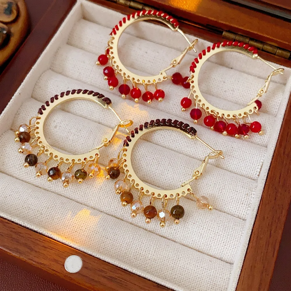 Orecchini A Cerchio Etnici Vintage Con Perline Di Vetro Pietra E Ciondolo In Corda Perno In Argento Per Donna