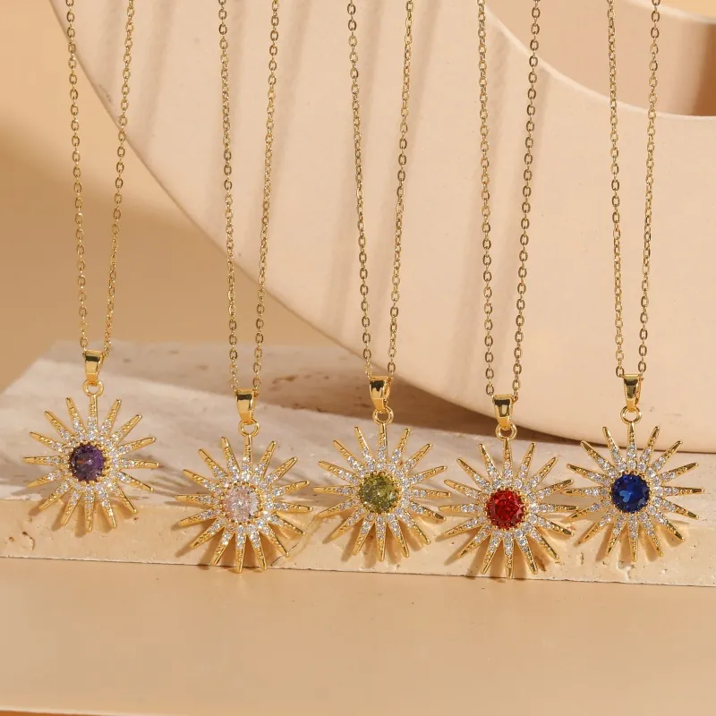 Sunflower Sunburst Pendant Necklace Copper 14K Gold Plated Cubic Zirconia Geometric Luxury Jewelry For Women