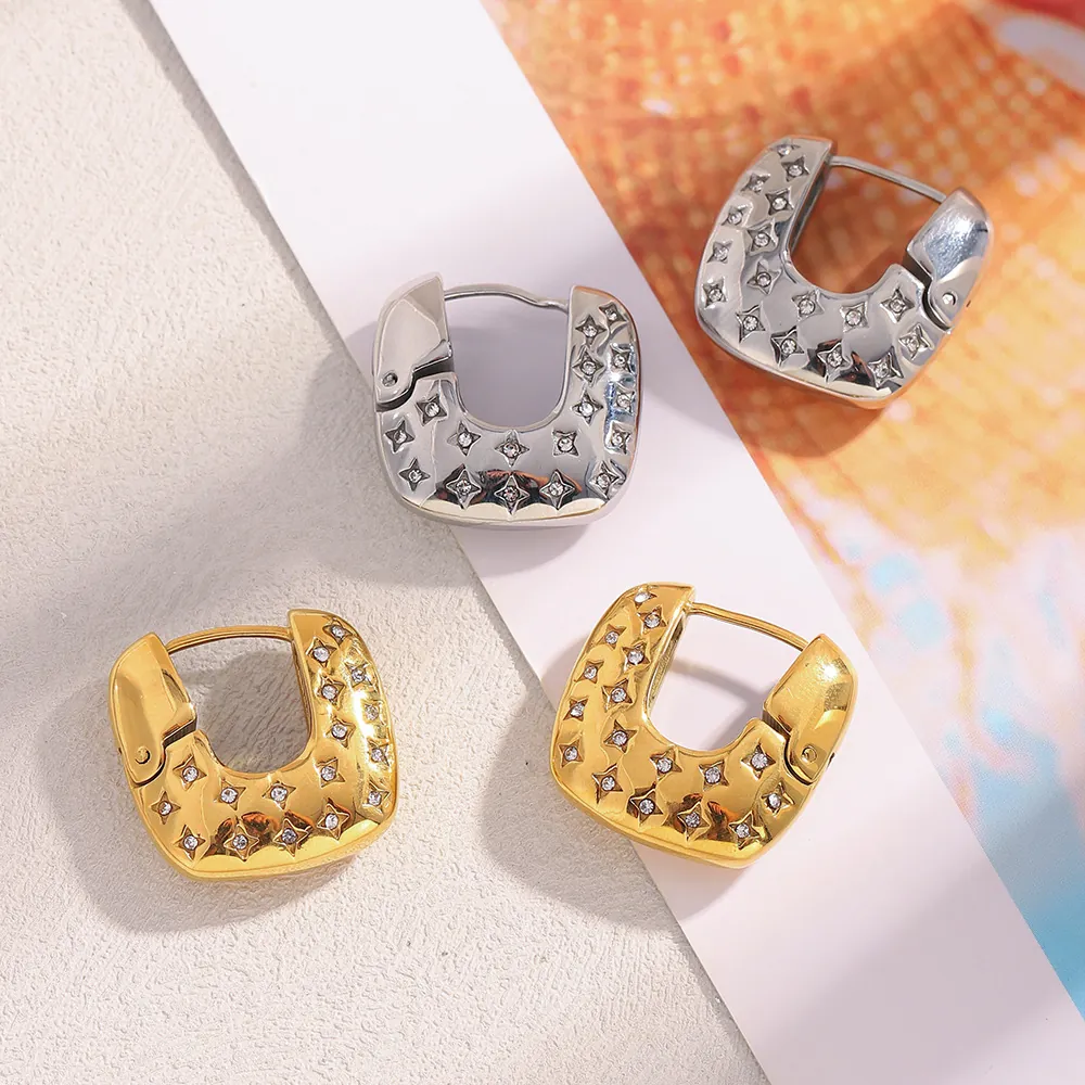 Huggie Hoop Earrings Stainless Steel 18K Gold Plated Square U-Shaped Four-Pointed Star Zircon Inlaid Trendy For Women