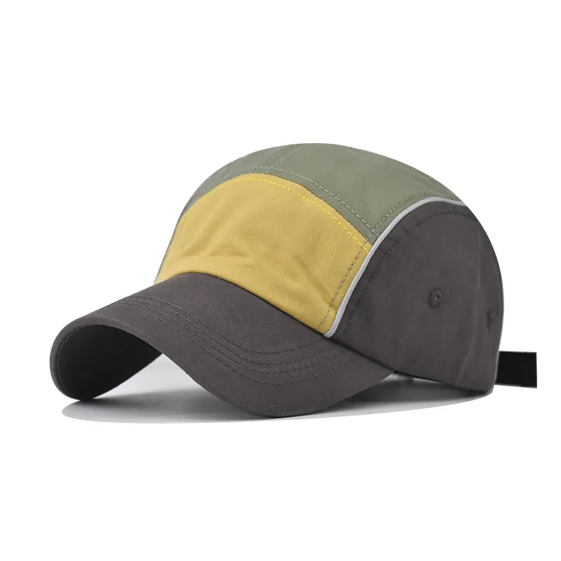Five Panel Baseball Cap Cotton Patchwork Reflective Strip Adjustable Outdoor Sport Camper Hat Breathable