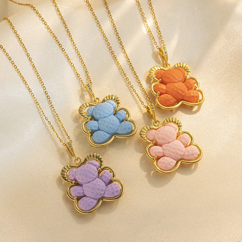 Bear Pendant Necklace Titanium Steel Gold Plated Colorful Animal Clavicle Chain Jewelry For Women Girls Cute Accessory