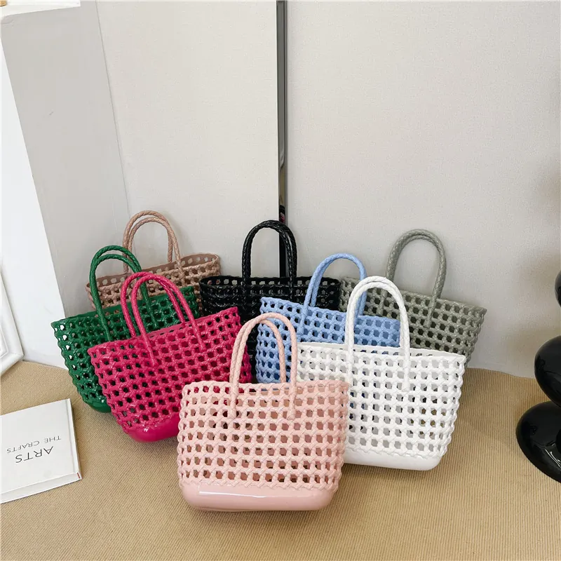 Hollow Out Woven Tote Bag Waterproof PVC Rubber Basket Bag Women Beach Vacation Daily Large Capacity Minimalist Jelly