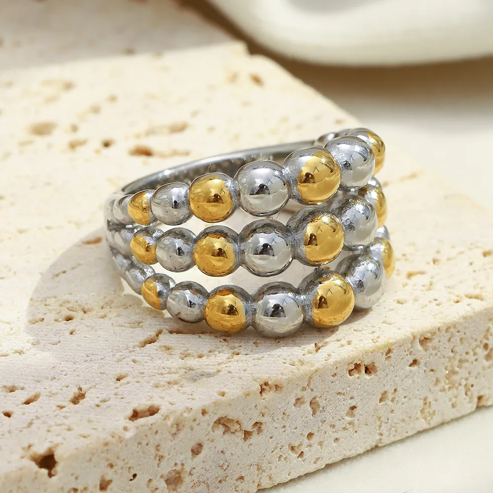 Round Bead Knot Ring 18K Gold Plated Stainless Steel Mixed Tone Geometric Retro French Style Luxury For Women