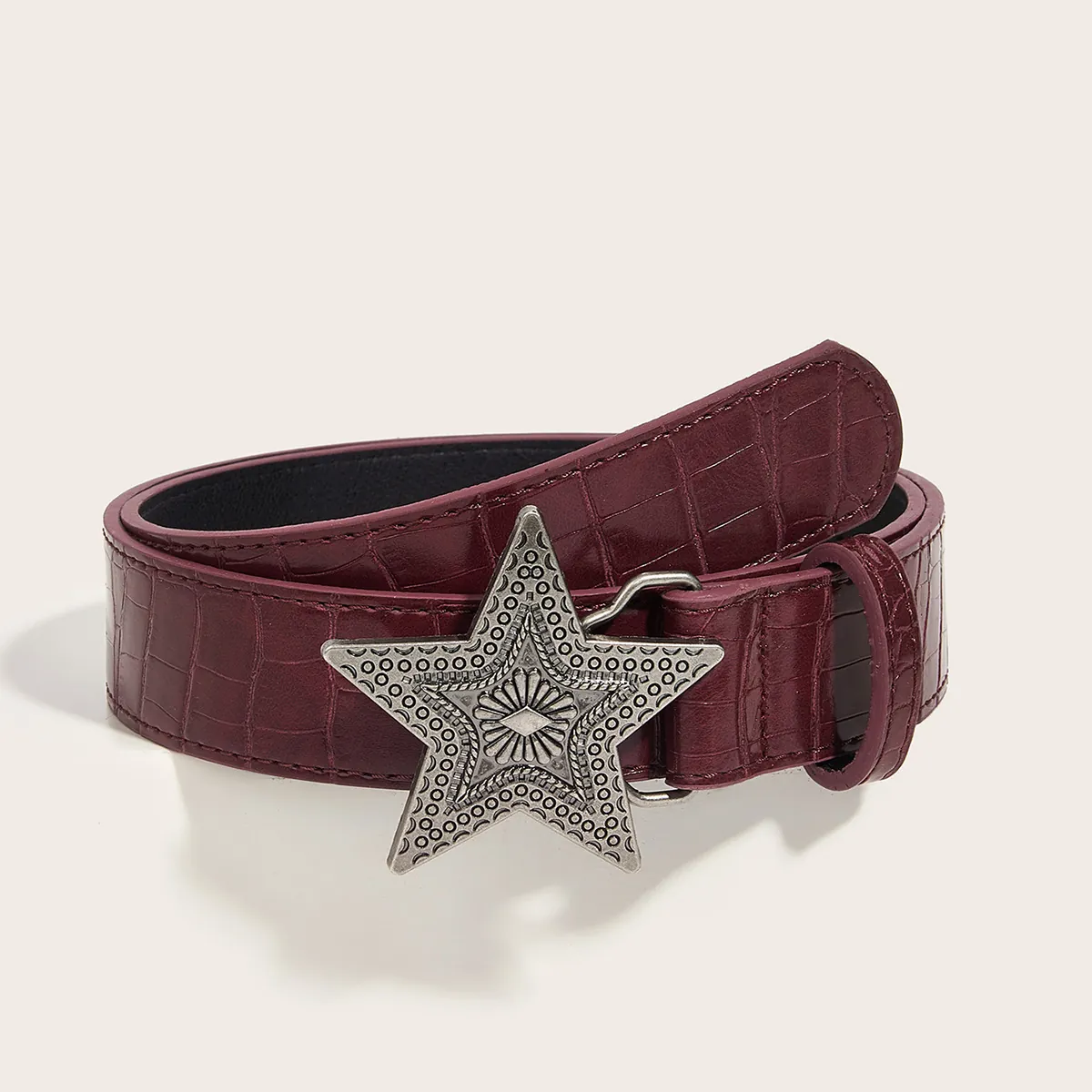 Damen PU Leder Gürtel Krokodilleder Muster Retro Silber Stern Schnalle Western Y2K Stil