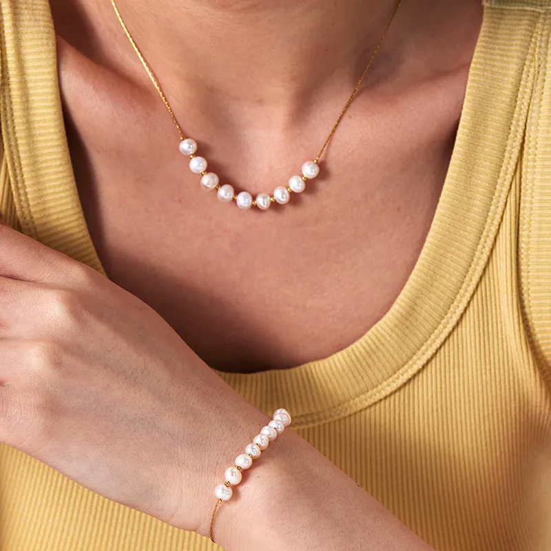 Collier Et Bracelet En Perles D'eau Douce En Acier Inoxydable Étanche Plaqué Or 18K Style Français Bijoux Pour Femmes