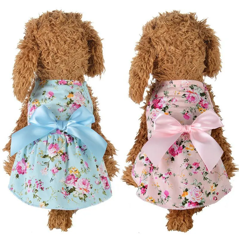 Pet Floral Dress Cotton Princess Style Large Satin Bow Summer Apparel For Small Dogs Cats
