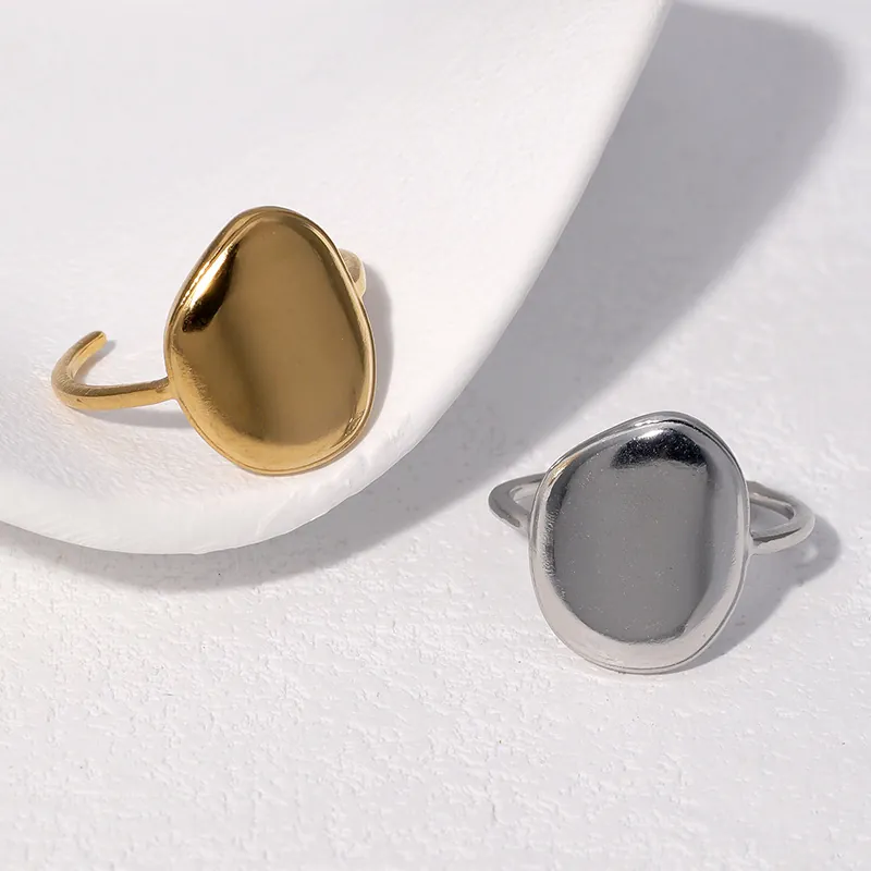 Irregular Geometric Open Ring For Women Minimalist Smooth Oval Adjustable Stainless Steel Fashion Jewelry