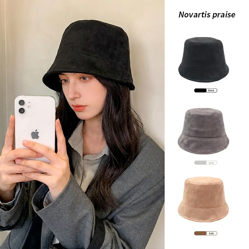 Sombrero de Pescador de Gamuza Japonés para Mujer Color Sólido Otoño Invierno Protección Solar Plegable Moda Mujer Accesorios