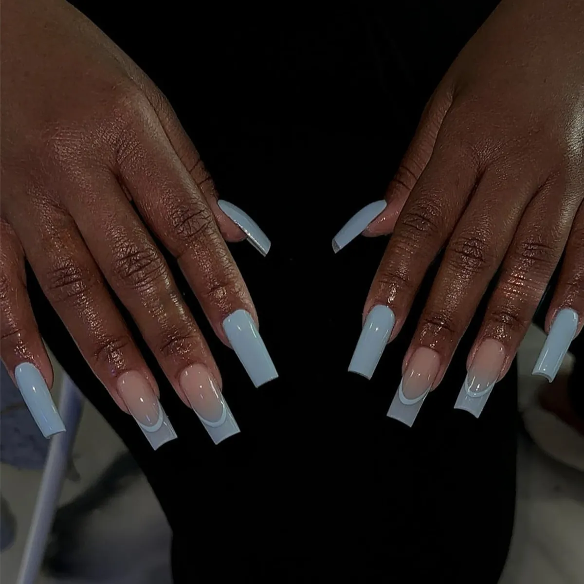 Long Coffin Press On Nails Light Blue French Tip Gradient Glossy False Nails For Women DIY Manicure