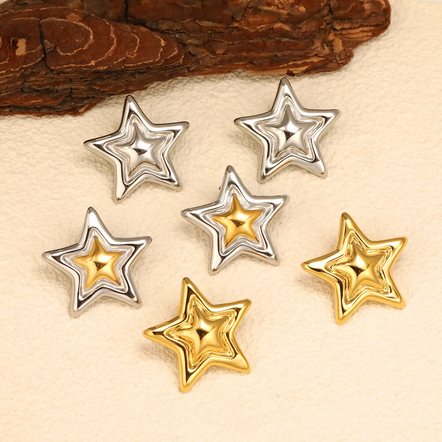 Star Earrings Stainless Steel 18K Gold Plated Layered Pentagram Nested Two Tone Vintage Ins Style Women