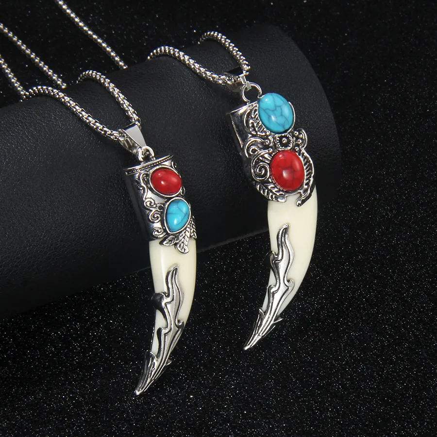 Wolf Tooth Pendant Necklace With Stainless Steel Chain Alloy Acrylic Faux Turquoise Tribal Ethnic Retro Style Unisex