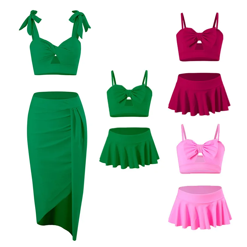 Family Matching Swimwear Bikini Top Bottom And High Split Ruched Wrap Skirt Nylon Solid Color Mother Daughter Beach