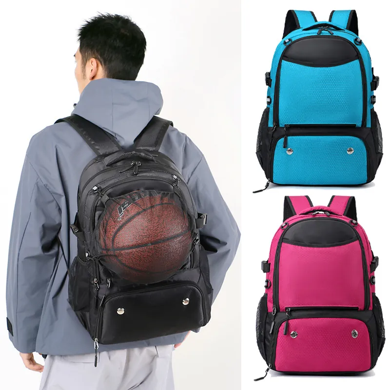 Sports Backpack With Basketball Mesh Net Independent Shoe Compartment Waterproof Reflective Racket Holder Football