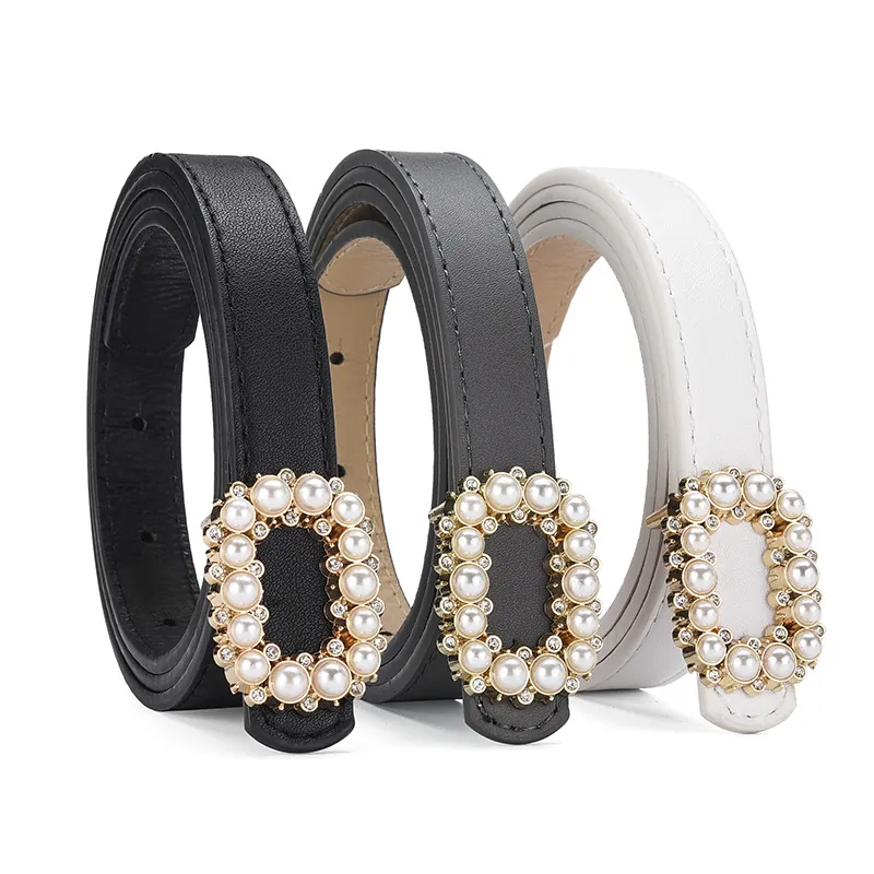 Women Thin PU Leather Belt Elegant Fashion Artificial Pearl Rhinestone Buckle Decorative Dress Belt