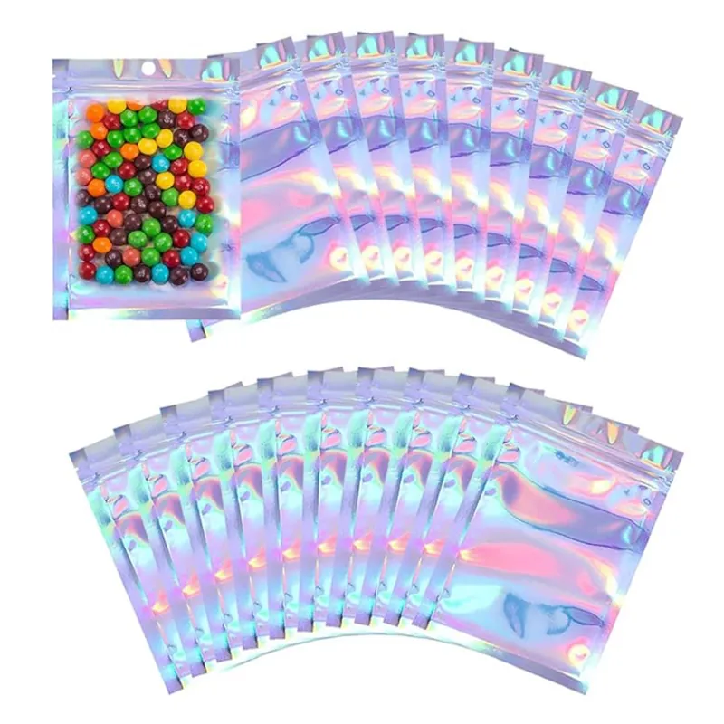 Holografische Wiederverschließbare Beutel Laser Silber Reißverschlussbeutel Mit Aufhängeloch Für Schmuck Kosmetik Kleine Gegenstände Regenbogen Reflektierend