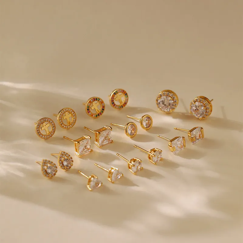 Stud Earrings Copper 18K Gold Plated Cubic Zirconia Geometric Square Round Heart Cross Elegant Jewelry For Women Fashion