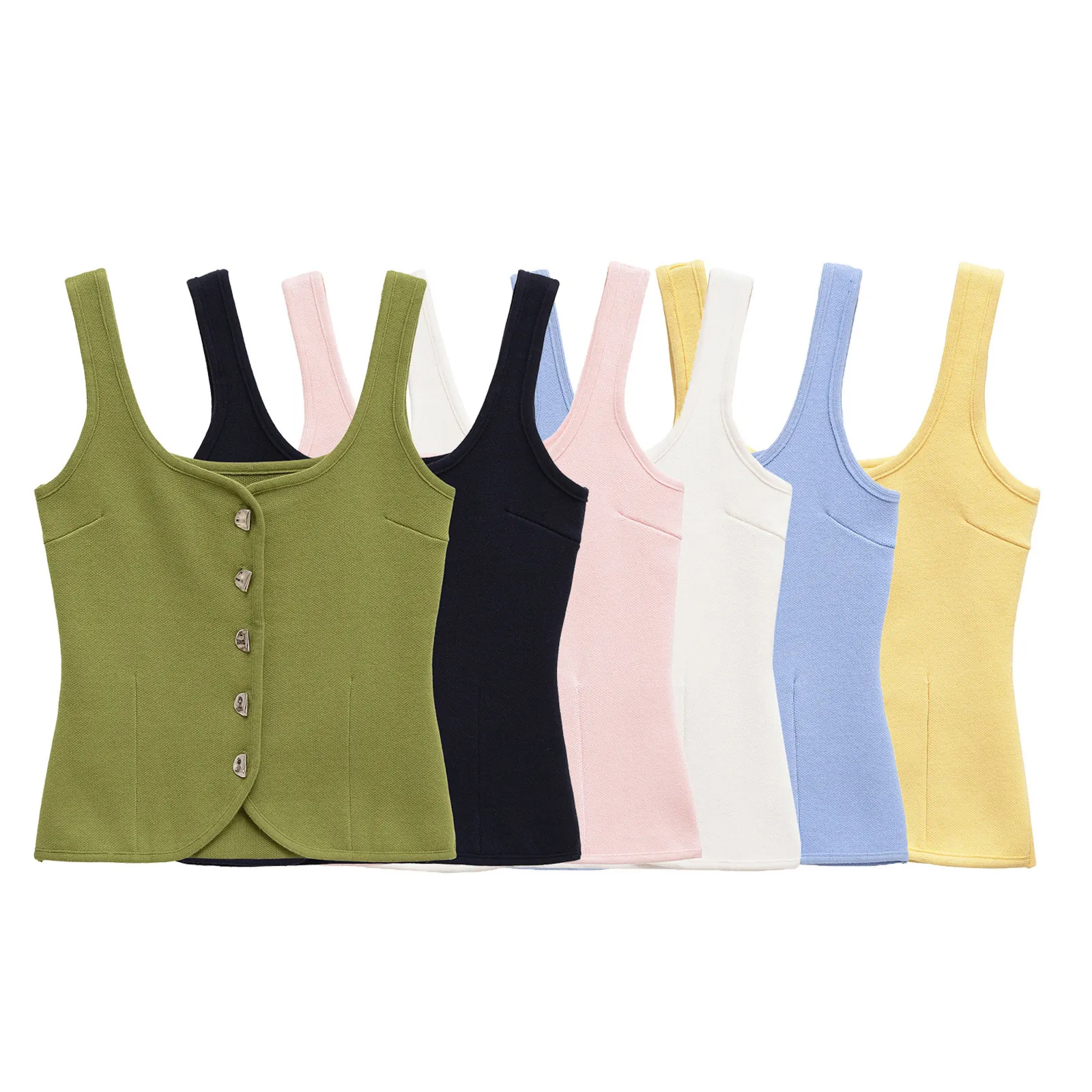 Canotta da Donna Aderente in Maglia con Bottoni Decorativi Senza Maniche Top Corto Sexy a Costine per Estate Quotidiana