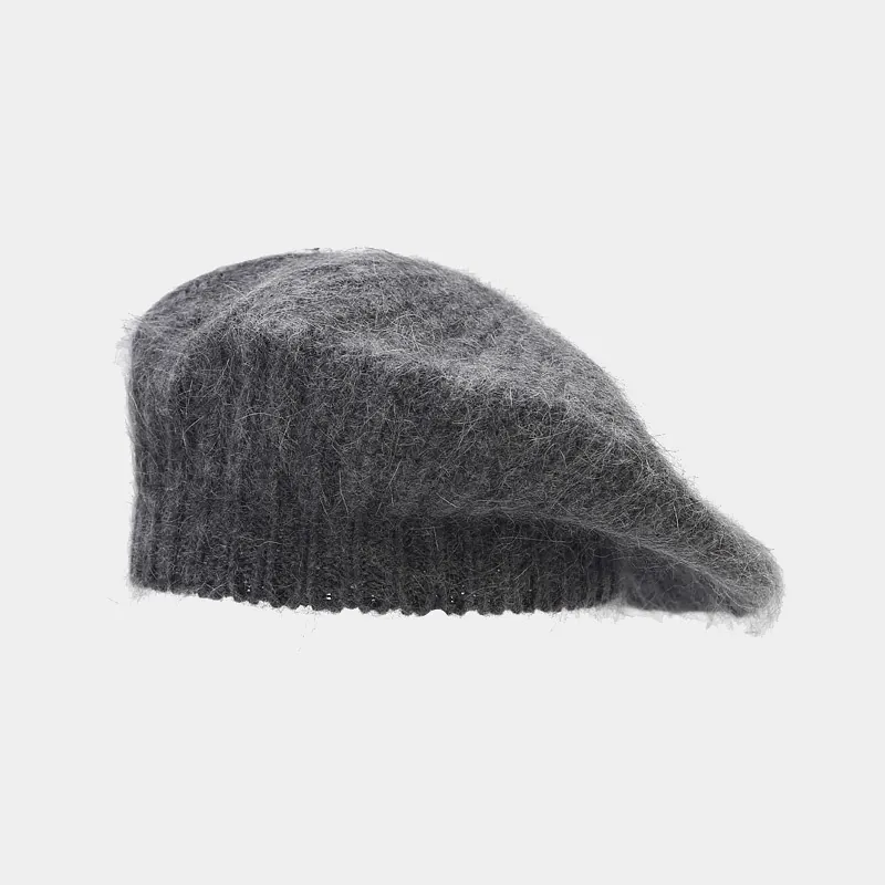 Women Knitted Angora Rabbit Fur Beret Hat Warm Winter Solid Color Retro Painter Style Plush Soft Elegant Headwear Accessory