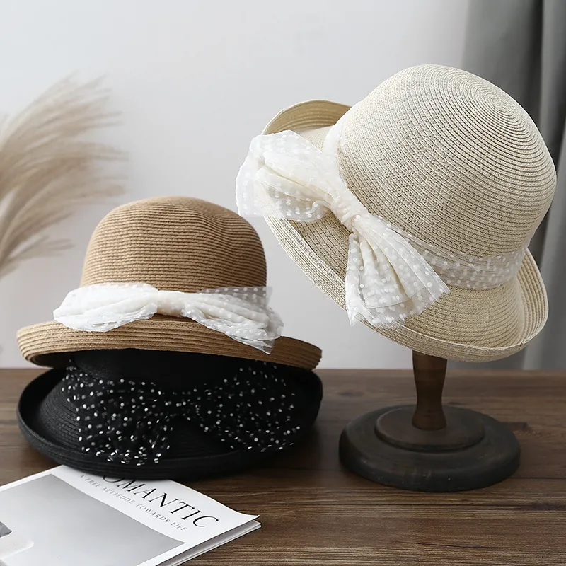 Chapeau De Paille Femme Été Vintage Français Élégant Dentelle À Pois Nœud Cloche Protection Solaire Plage Voyage