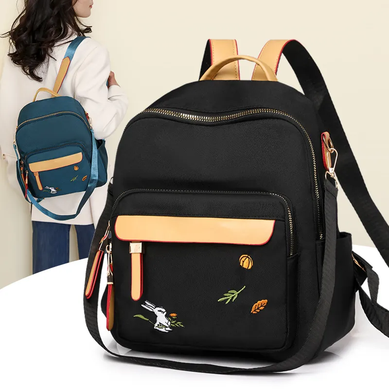 Women Fashion Embroidered Rabbit Nylon Backpack Casual Large Capacity Lightweight Travel Bag Urban Minimalist Daypack