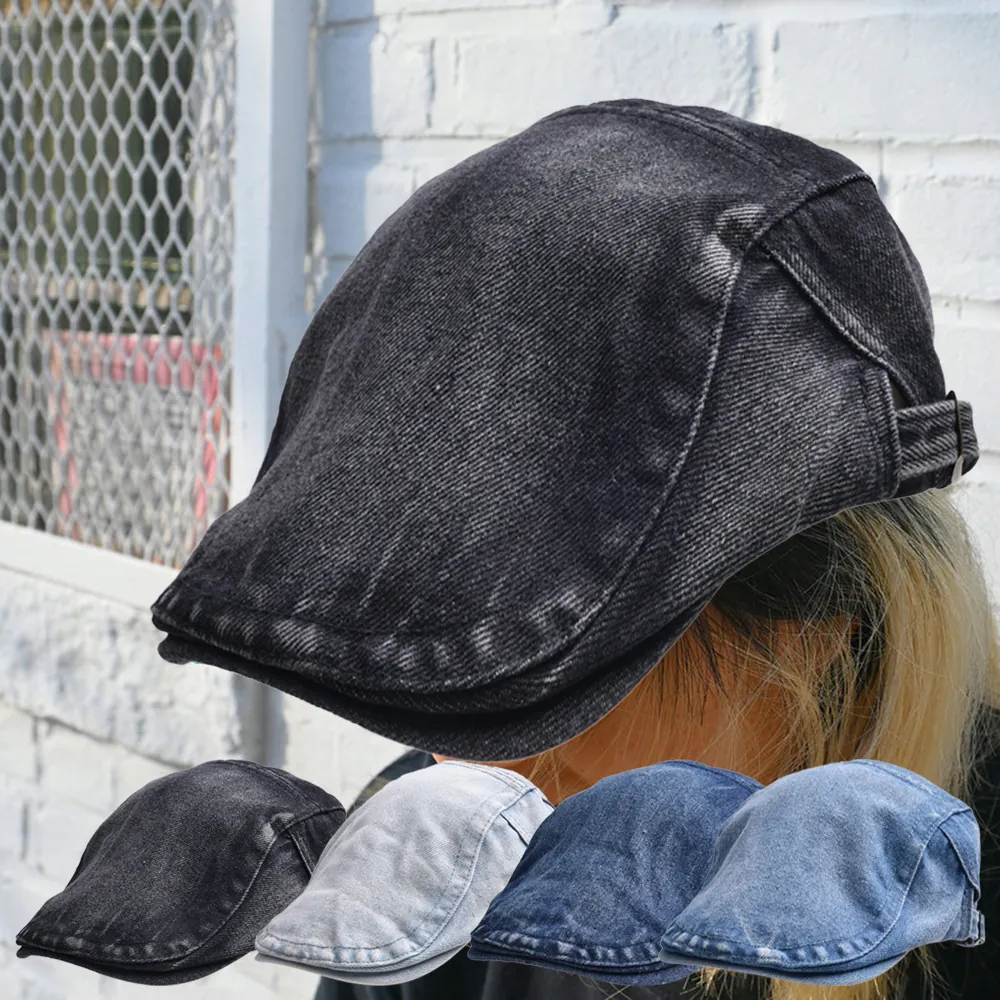 Vintage Denim Ivy Cap Beret Washed Cotton Flat Cap With Adjustable Metal Buckle For Men Women Outdoor Casual Sun Hat