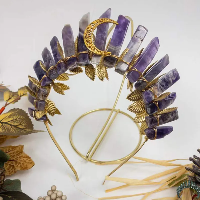 Natural Raw Crystal Crown Headband With Metal Leaves And Moon Handmade Bohemian Tiara Hair Accessories For Women