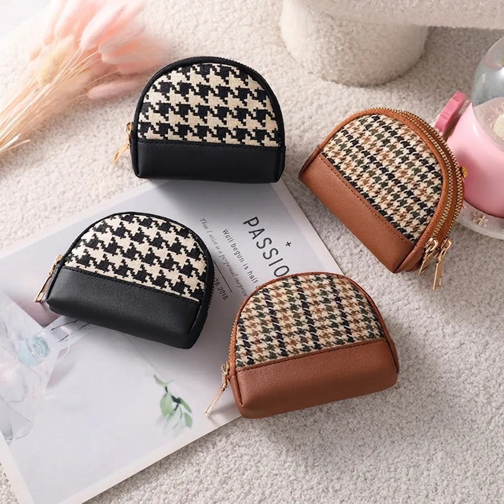Mini Coin Purse Small Wallet Women Fabric Houndstooth And PU Leather Zip Pouch With Key Ring For Card Lipstick Organizer