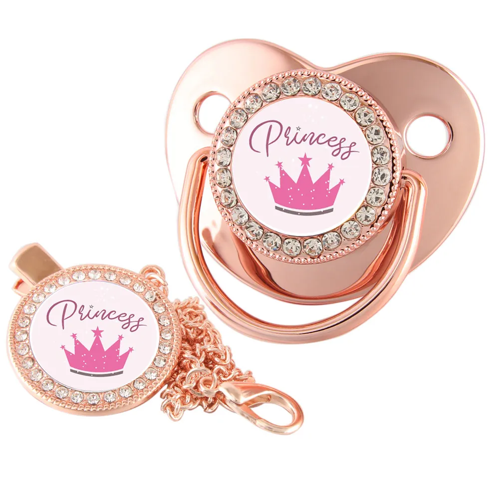 Pacifier And Clip Chain Rhinestone Crown Pattern Food Grade Silicone Infant Toddler Luxury Bling Prince Princess