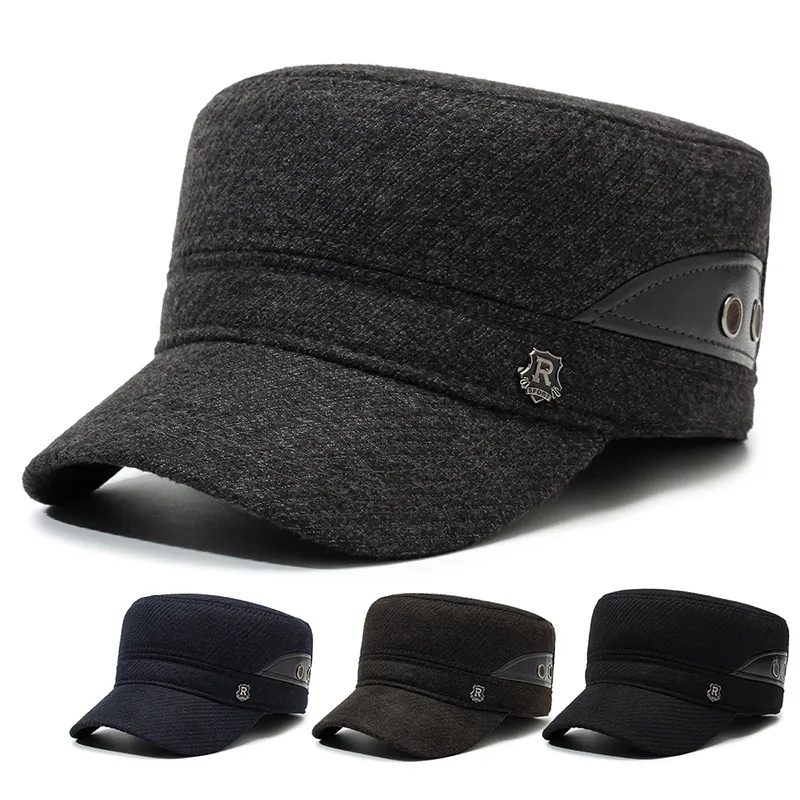 Men Winter Woolen Cadet Hat Warm Windproof Military Flat Top Cap With Ear Protection Adjustable Outdoor