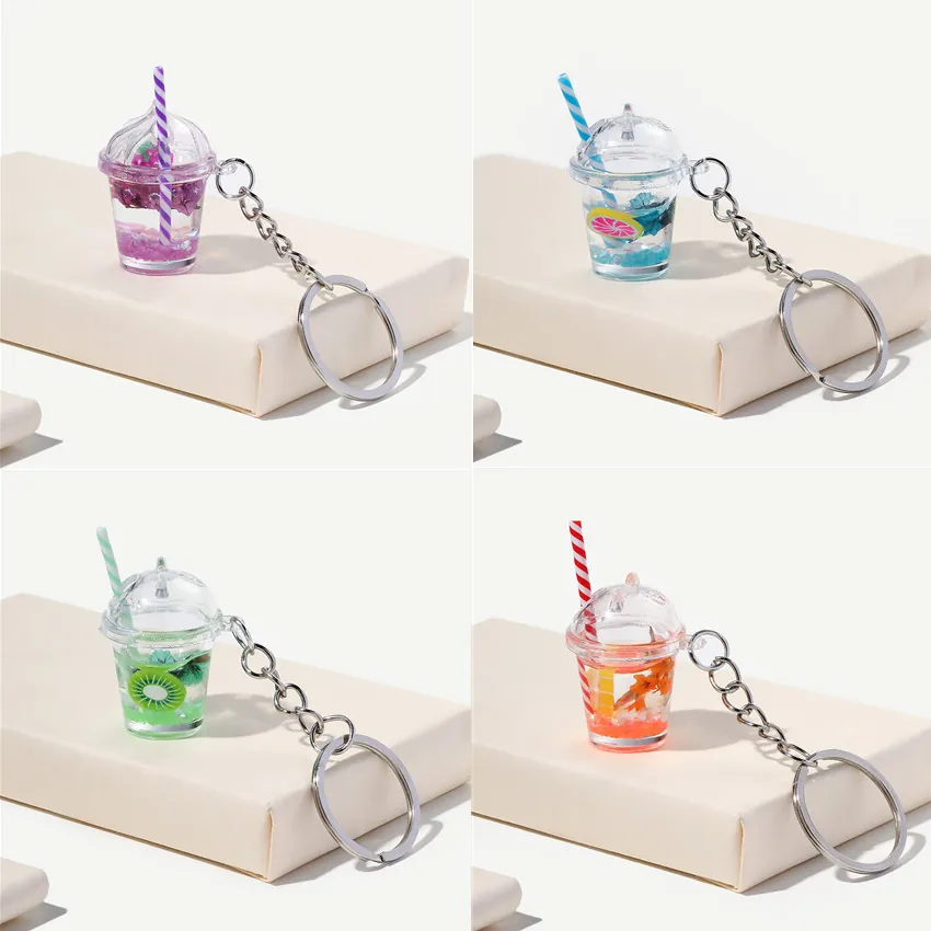 Miniature Fruit Tea Cup Keychain Acrylic Resin Glow In The Dark Simulation Beverage Pendant Novelty Bag Hanging Ornament