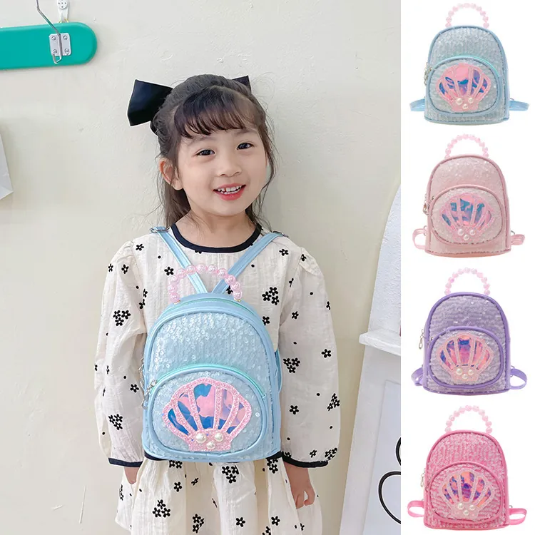 Kids Mini Backpack Sequin Shell Pattern Faux Artificial Pearl Handle Cute Fashion Travel Bag For Toddler Girls