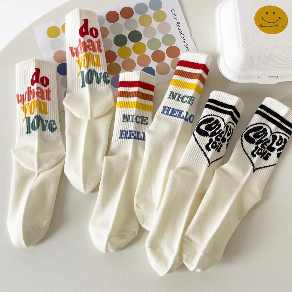 Women Crew Socks Cotton Blend Breathable Mid-calf Hosiery Japanese Preppy Style Striped Letter Print Heart Flower Girls