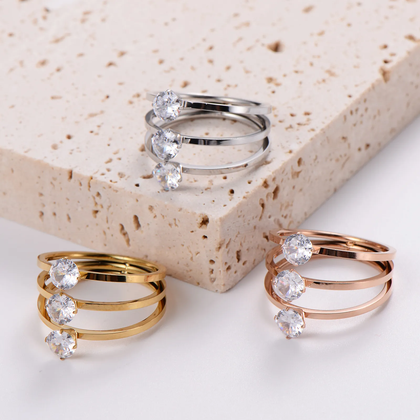 Triple Layered Ring Stainless Steel Cubic Zirconia Minimalist Fashion Jewelry For Women