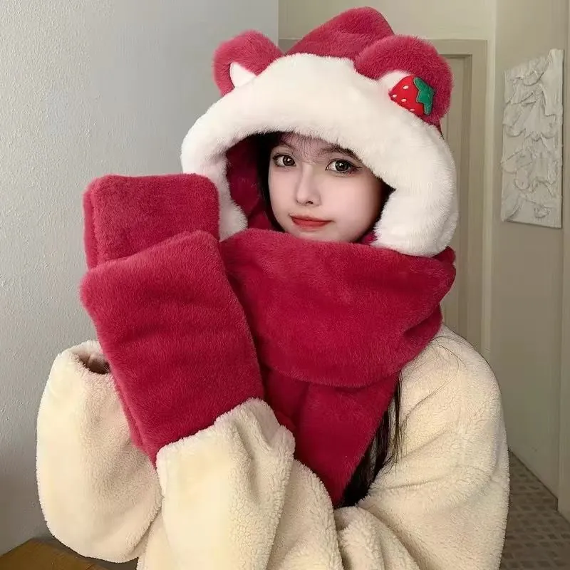 Süße Bärenohren Erdbeere Plüsch Kapuzenschal Handschuhe Integriert Winter Warm Winddicht Nackenwärmer Damen Mädchen Modisches Accessoire
