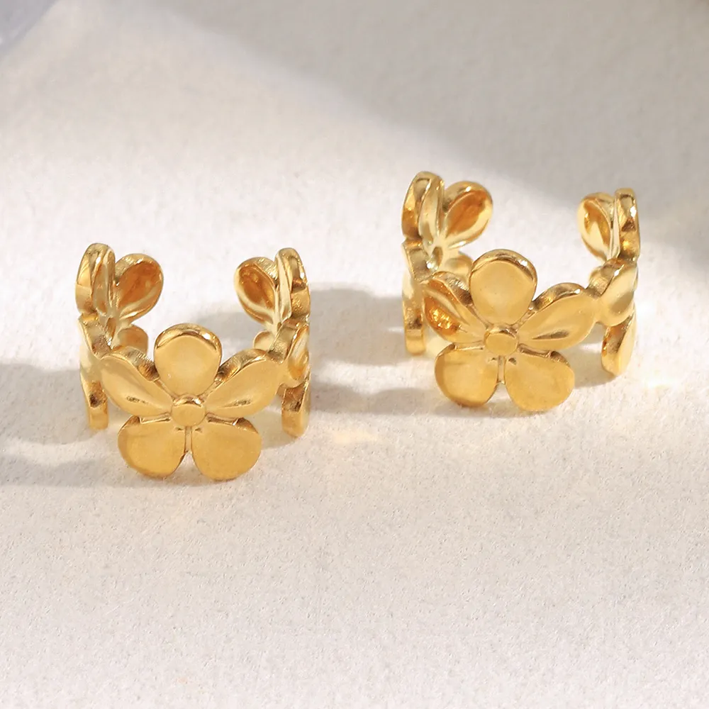 Boucles Oreilles Fleur Acier Inoxydable Plaqué Or Sans Perçage Forme C Bijoux Rétro Minimalistes Pour Femmes
