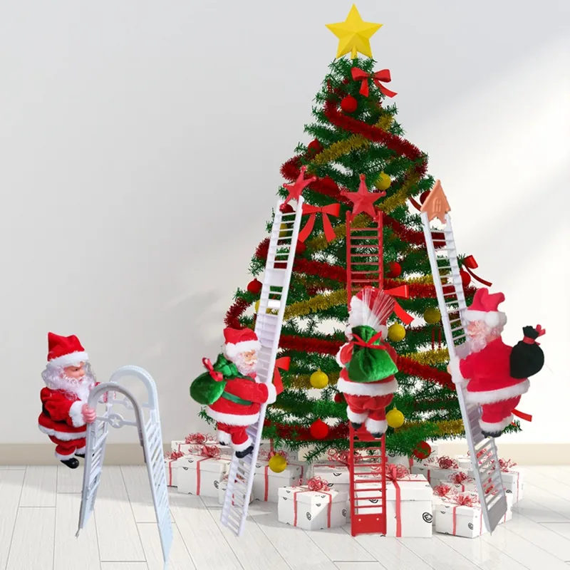 Electric Climbing Santa Claus Musical Automatic Posing Ornament Plastic Plush Fabric Christmas Tree Home Window Decor Gift