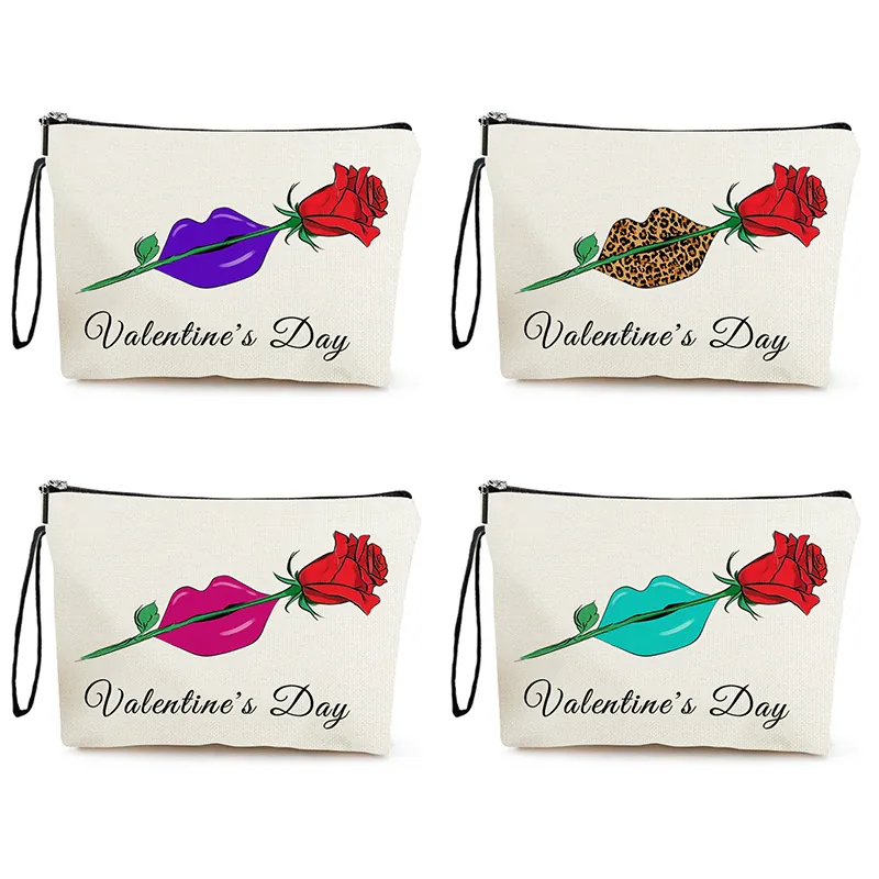 Valentine's Day Makeup Bag For Women Rose Lips Print Linen Cosmetic Pouch With Zipper And Wrist Strap Portable Travel Organizer