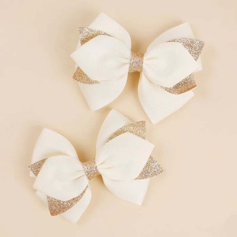Girls Double Layer Sequin Bow Hair Clips Grosgrain Ribbon Glitter Duckbill Clip Hair Accessories