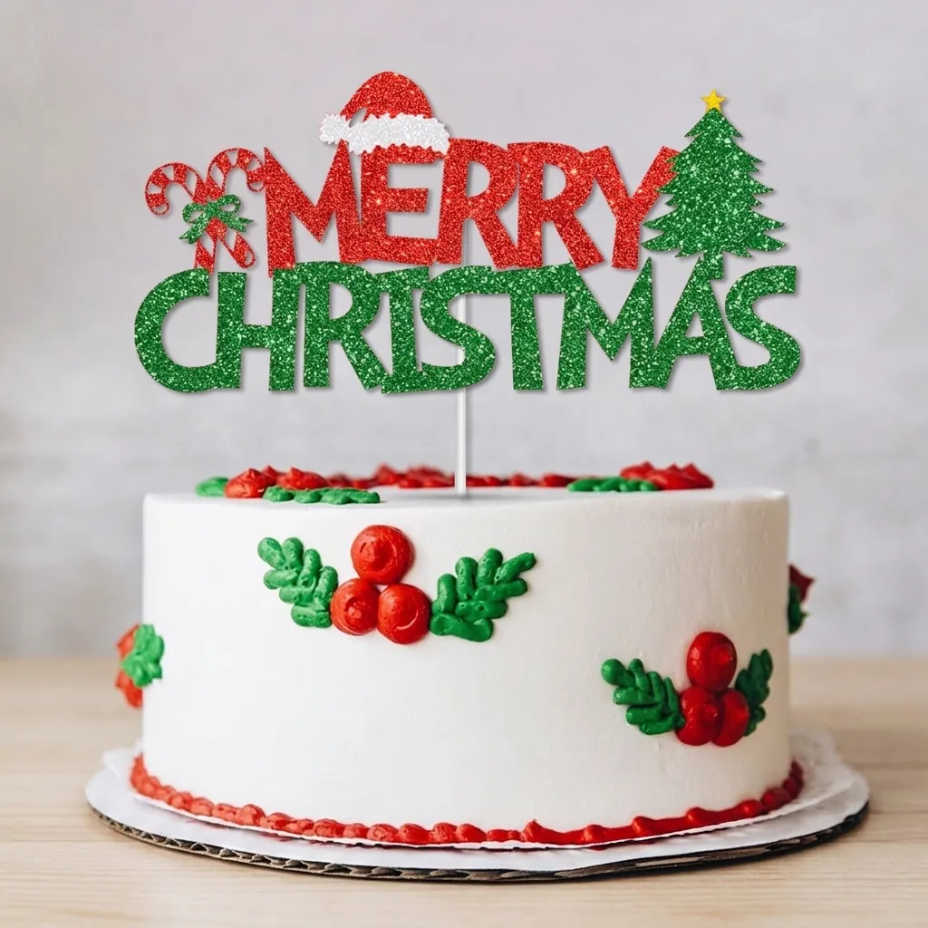 Décorations De Gâteau Joyeux Noël Anniversaire Pailletées Sapin De Noël Chapeau Père Noël Fournitures De Pâtisserie