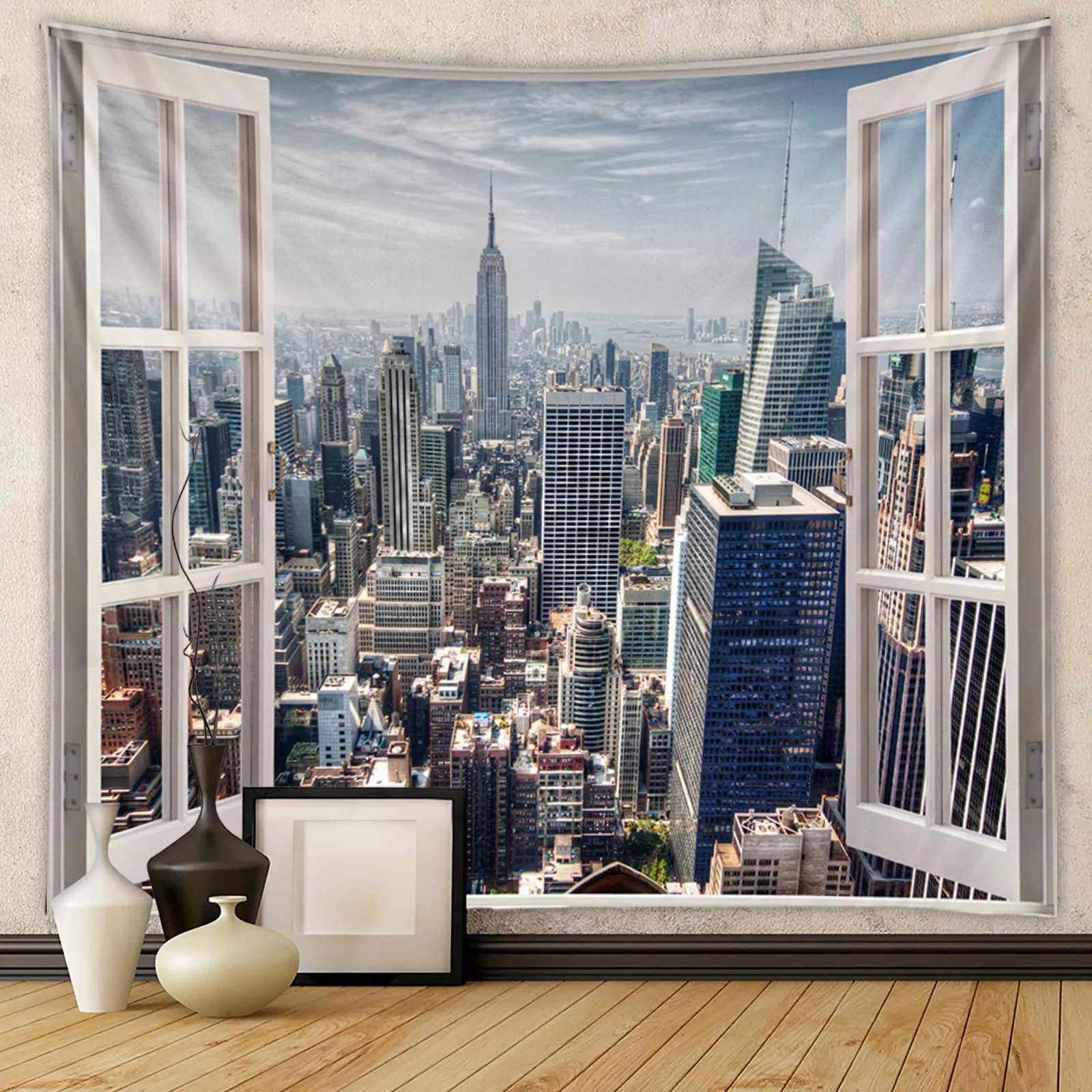 Wall Hanging Tapestry Polyester New York Cityscape 3D Window View Scenery Background Cloth Room Home Decor Aesthetic