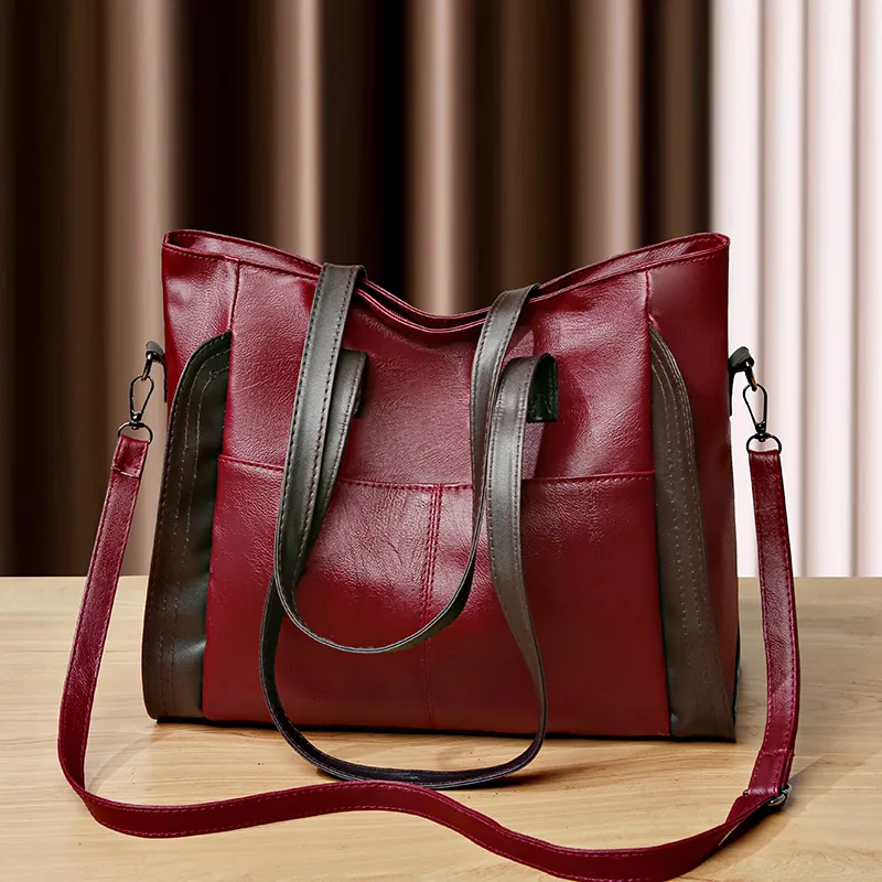 Women Large Capacity Tote Bag Soft PU Leather Minimalist Shoulder Handbag Color Block Commuter Vintage Style