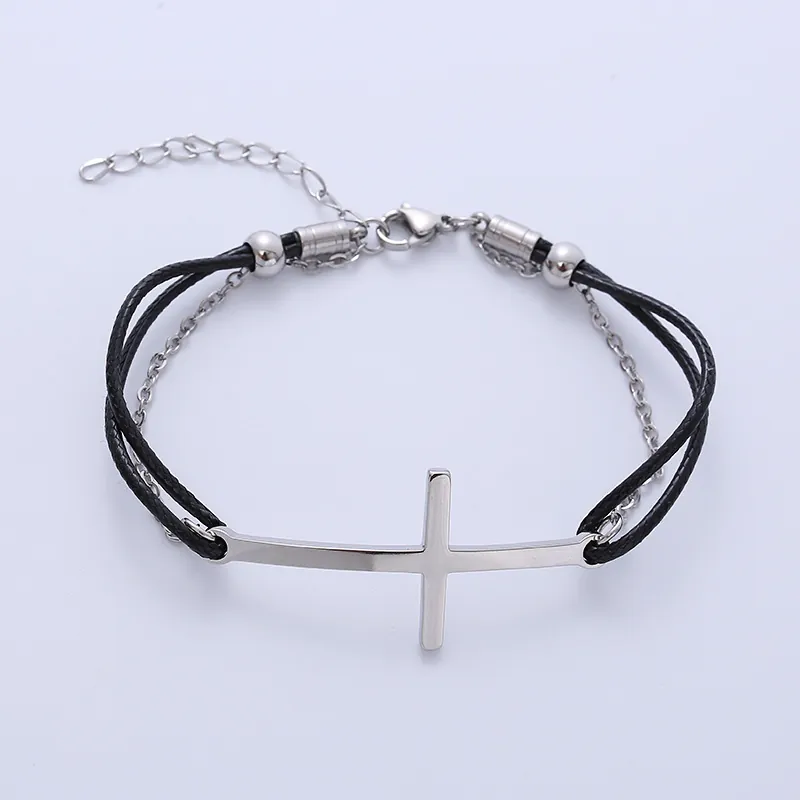 Horizontal Cross Braided Bracelet 316L Stainless Steel Adjustable Rope Cord Minimalist Religious Jewelry For Women Men