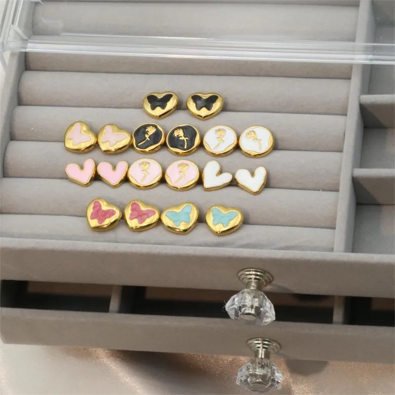 Boucles D'oreilles Puces Acier Titane Femmes Cœur Fleur Papillon Émail Vintage Doux Bijoux Hypoallergéniques Inaltérables