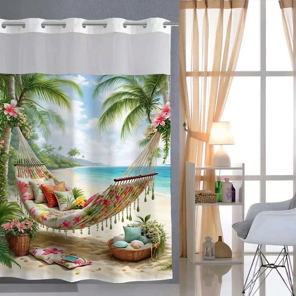 Waterproof Hookless Shower Curtain Waffle Weave Fabric With Snap In Detachable Liner And Mesh Top Window